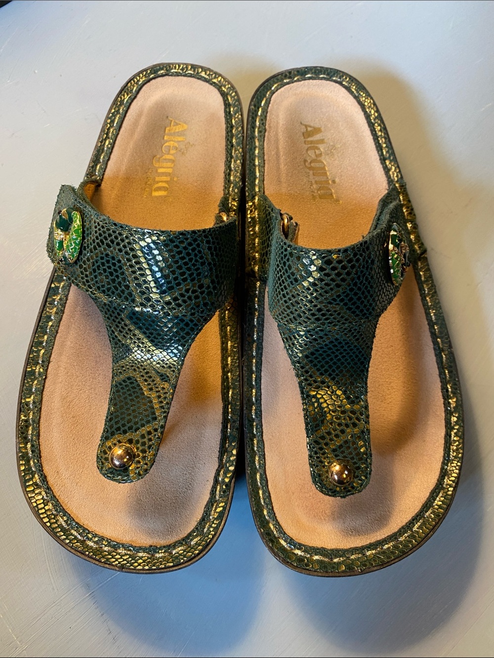 Alegria Carina Fancy Fish Green Snakeskin Leather Sandals